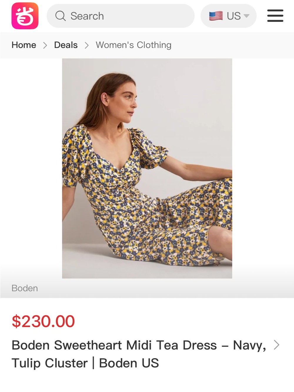 Boden Navy, Mustard & Pink Floral Puff-Sleeve Midi Dress